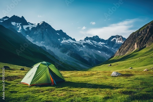 Camping and tent near the mountains in the morning