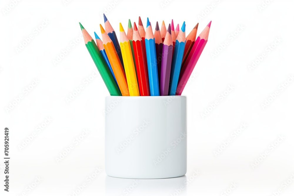 Colorful pencils in pencil box on white background Colorful pencils in pencil box on white background