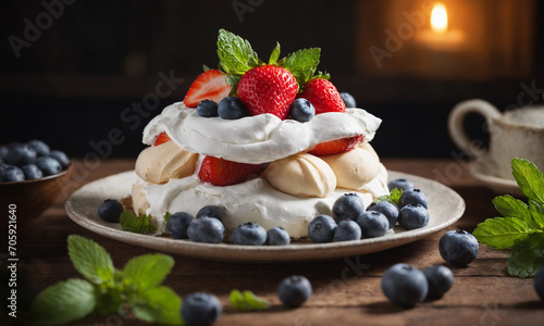 dessert pavlova with strawberry and blueberry, mint leaf, soft focus, dark background, wooden table
