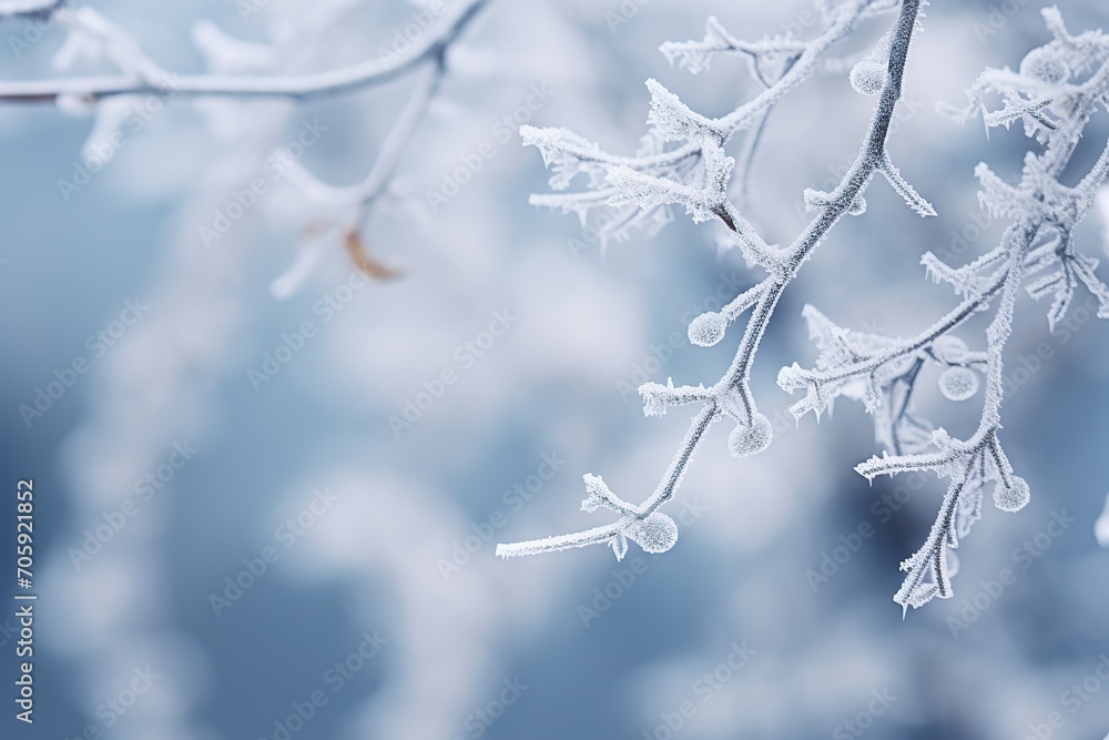 Tree branch covered with white frost Tree branch covered with white frost