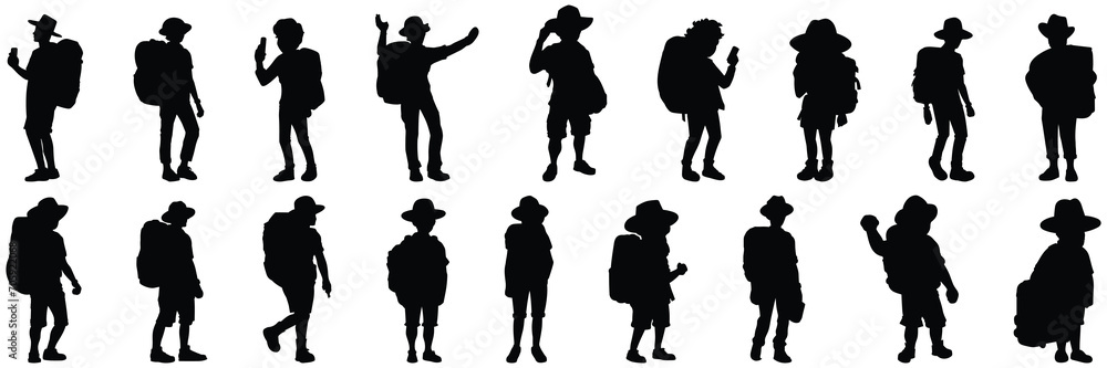 Trekking traveler silhouettes set, large pack of vector silhouette design, isolated white background - obrazy, fototapety, plakaty 
