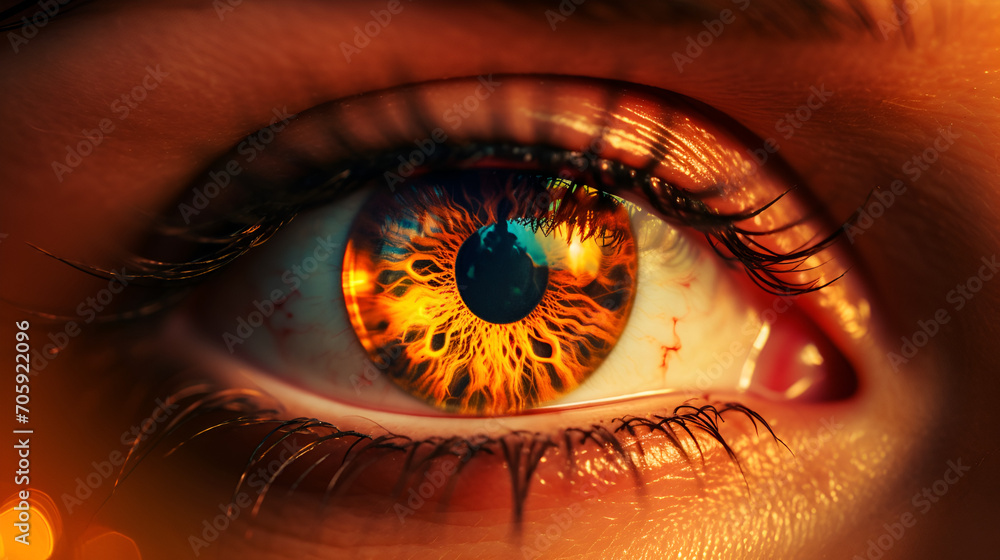 Beautiful close-up human eye with reflections of an explosion, bright ...