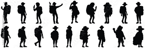 Trekking traveler silhouettes set, large pack of vector silhouette design, isolated white background photo
