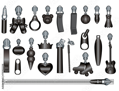 Black metal Zipper puller flat sketch vector illustration set, different types of 3D Plastic Zip pull for fasteners, dresses garments, bags, Fashion illustration, Clothing and Accessories