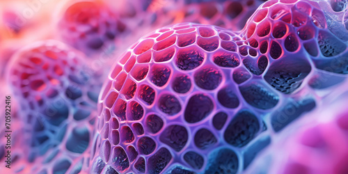 Surface of the skin under the microscope. Molecules and skin cells, molecular grid in close up. 3d render illustration. 