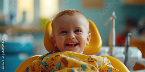Smiling baby lying in dentist chair exposing white teeth. Creative wallpaper with happy baby for pediatric dentistry.	
