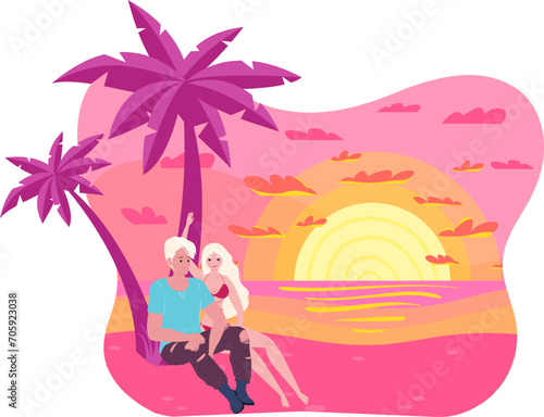 Couple sitting together on beach at sunset, romantic holiday concept, palm trees and sea. Love, travel, summer vacation vector illustration.