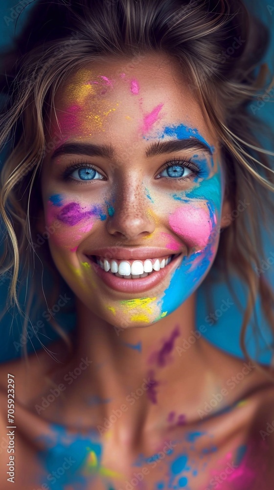 Beautiful woman face covered in colorful paint Beautiful woman face covered in colorful paint