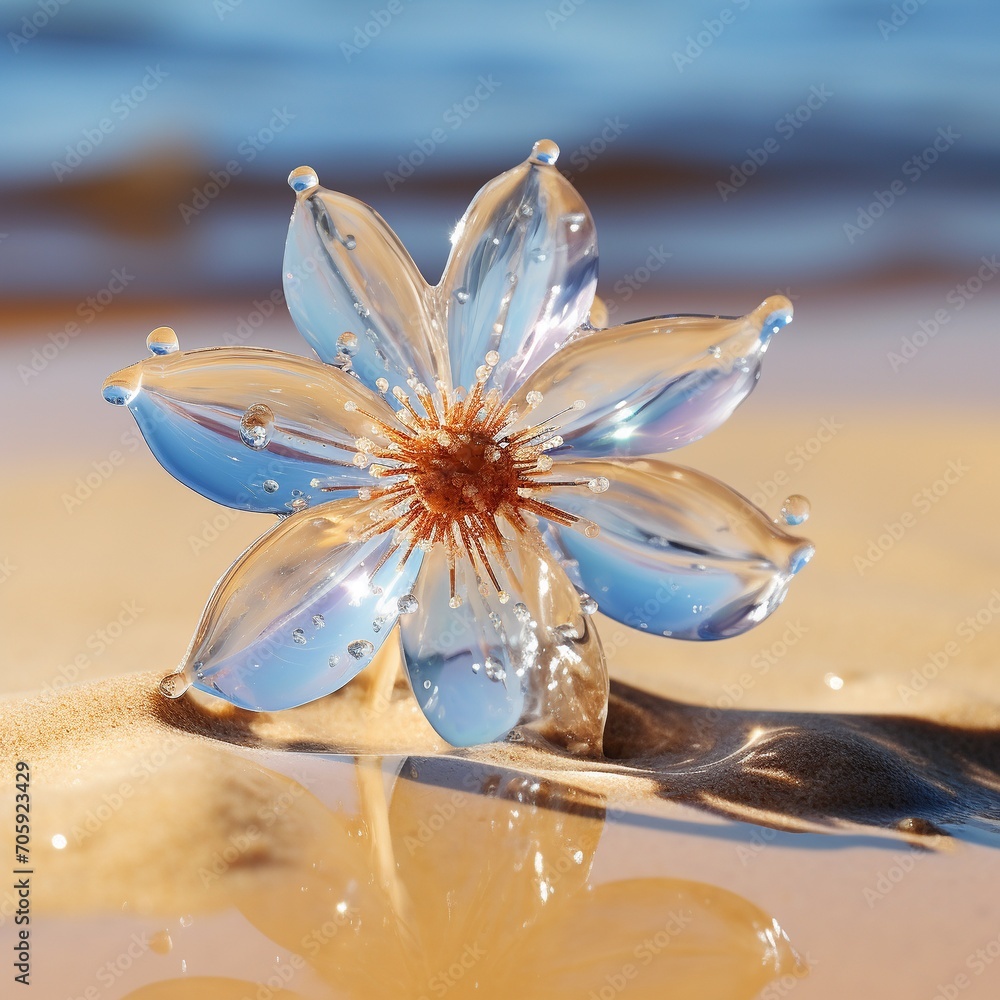 Water droplets on a flower on the beach. 3d rendering. AI.