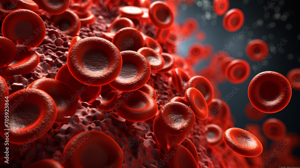 3d rendering of red blood cells in vein with depth of field, A 3D rendering of a blood vessel with blood cells flowing in one direction, AI Generated,Close-up red blood cells