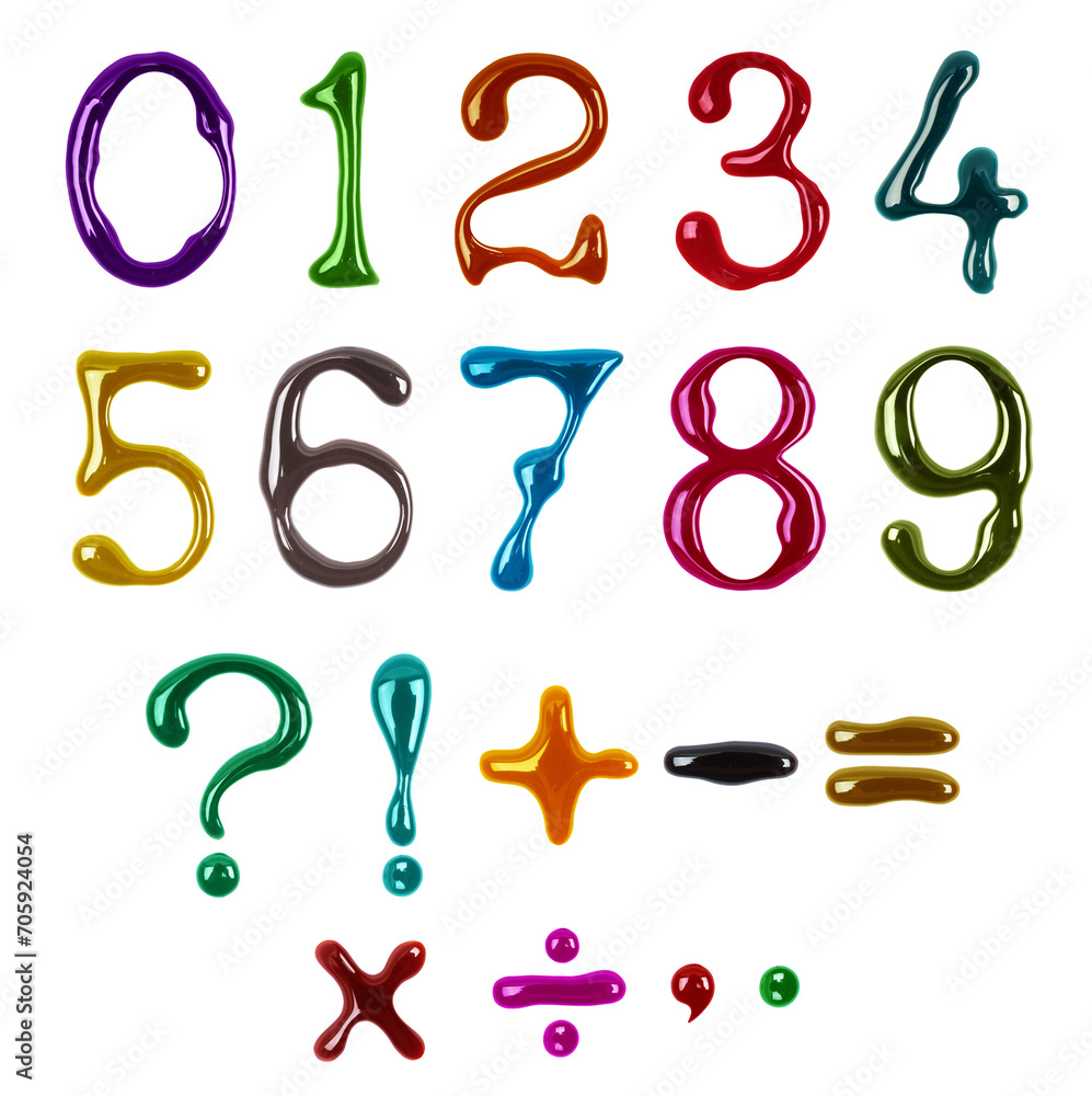 Obraz premium Colorful numbers and signs drawn with paint isolated on a white background