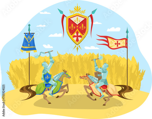 Knights on horses jousting in medieval tournament with flags and shield emblem. Middle ages combat sport and chivalry vector illustration.