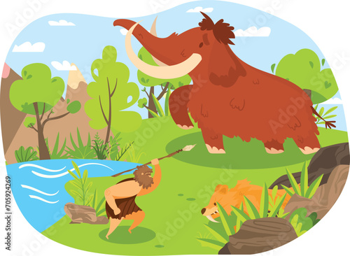 Caveman hunting mammoth by river in prehistoric landscape, primal hunter with spear, hiding lion in bushes. Stone Age survival and adventure vector illustration.