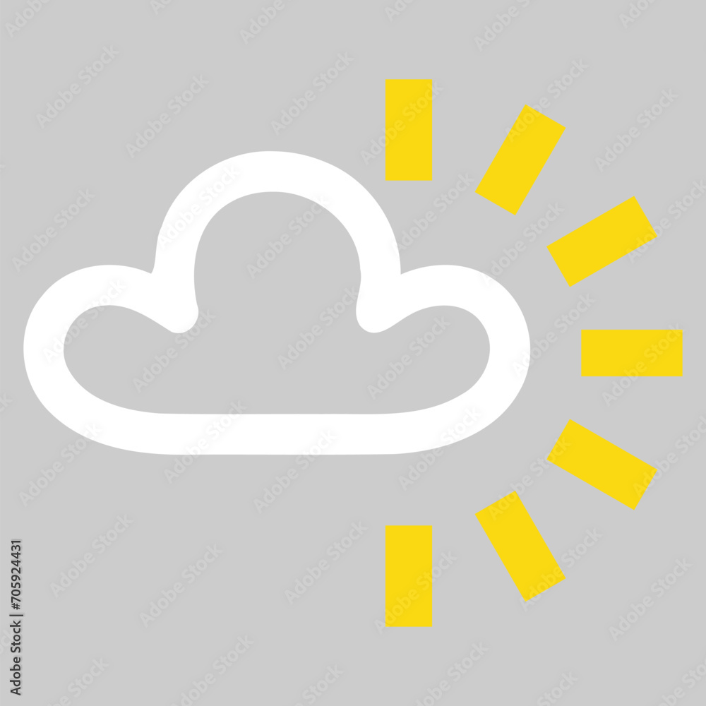 Vector graphic of a hazy sun symbol as used on weather maps shown on television weather forecasts. It consists of a white cloud with rays of sun appearing - obrazy, fototapety, plakaty 