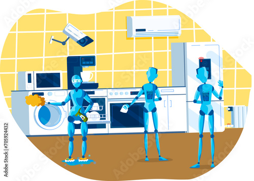 Robots cleaning kitchen, doing laundry and organizing fridge. Futuristic home automation with AI technology. Smart home and robotic helpers vector illustration.