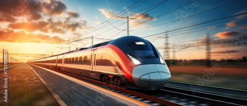 A symbol of progress, the high-speed train races beneath a sky adorned with magnificent clouds