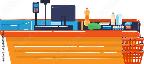 Supermarket checkout counter with grocery items and card payment terminal. Retail store cash register and food products vector illustration.