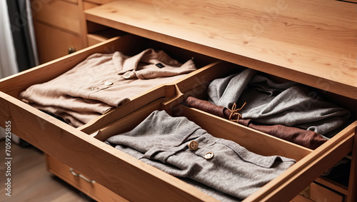 Clothes storage organization. Wardrobe open dresser drawer with colorful folded clothes. photo