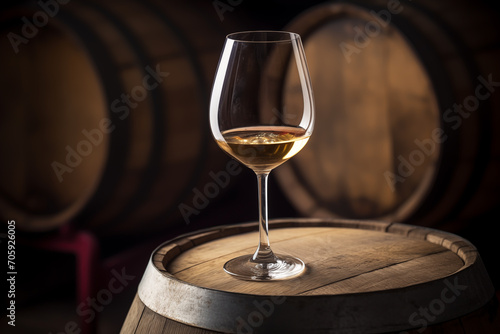 Wine Glass with Chardonnay Grapevine tasting. Vini Degustation in wine cellar with Wine barrels. Winemaking in Winery Barrel room. Wood Wines Barrels In Winery Cellar. Wine Glass on oak barrels.