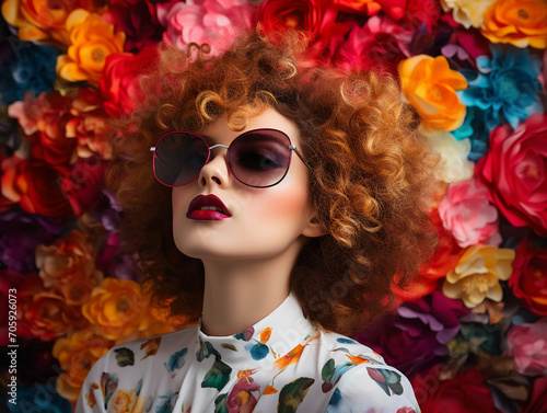 Dreamy woman with curly hair, red lipstick and oversized sunglasses against an abstract multicolored floral backdrop 