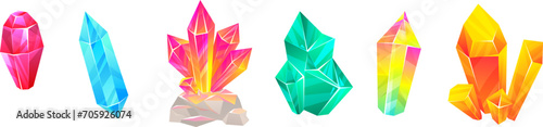 Colorful crystal gems set on white background. Vibrant gemstones collection with various shapes. Magic crystals, mineral rocks in different colors vector illustration.