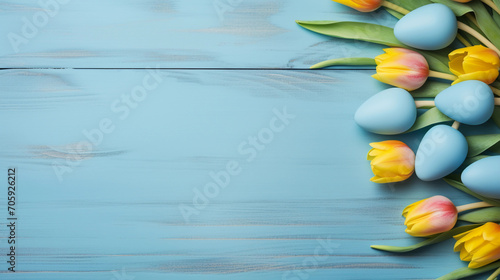 Easter holiday celebration banner greeting card banner with blue pastel painted eggs and yellow tulip flowers on blue backround wooden tabel texture. Top view, flat lay  photo