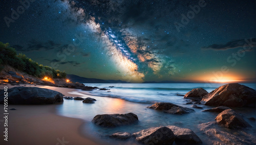 Beautiful exotic landscape with sea coast and starry sky. 