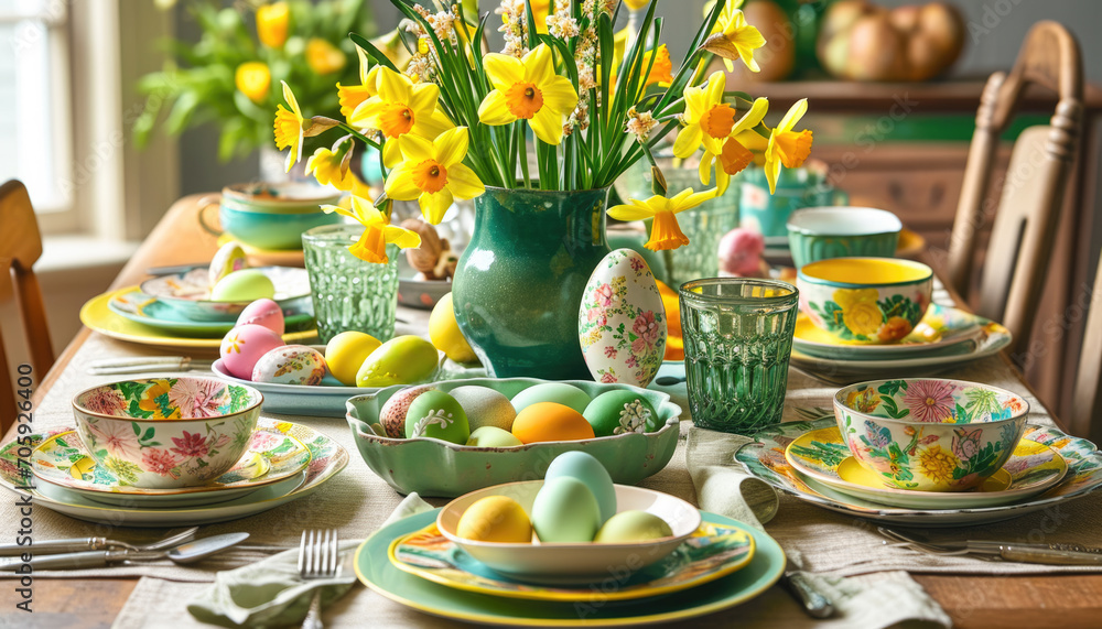 Spring Easter Table Decor with Daffodils and Easter eggs Spring Easter Table Decor with Daffodils and Easter eggs