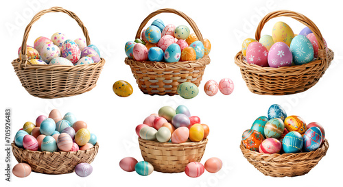 Collection set of basket of colourful hand painted decorated easter eggs on transparent background cutout, PNG file. Many different design. Mockup template for artwork design photo