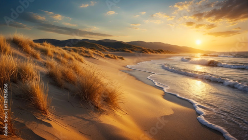 Beautiful landscape with dunes and sea waves in a warm golden sunlight. 