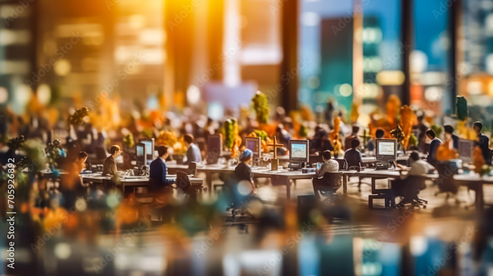 Obraz premium Miniature figures in business suits gather in a cafe