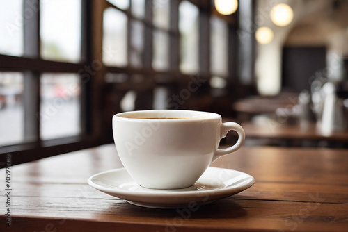 Coffee cup on wooden table in coffee shop