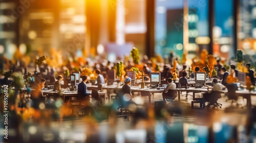 Miniature figures in business suits gather in a cafe