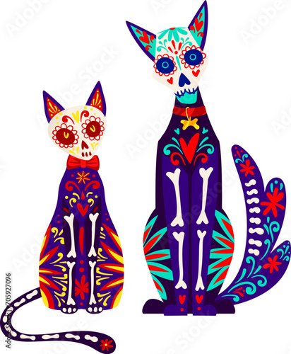 Two colorful Day of the Dead sugar skull cats. Mexican Dia de los Muertos celebration, decorative feline vector illustration.