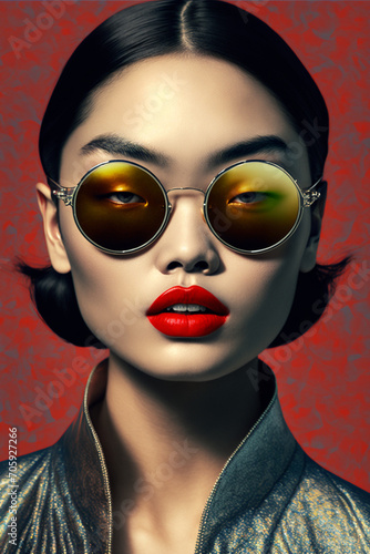 Pop Art Style Portrait of an Asian Woman Wearing Sunglasses and Red Lips, Minimal Retro Style Illustration 