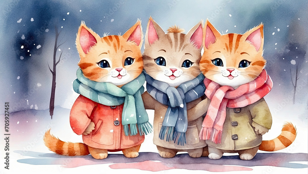 Funny cat's family watercolor illustration. Cute animal art. Funny cat's family watercolor illustration. Cute animal art.