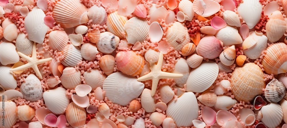 Fototapeta premium The beauty of nature peach fuzz and coral seashells perfectly arranged on a sandy beach