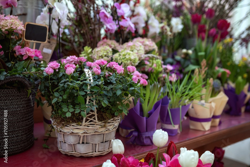 Fototapeta Naklejka Na Ścianę i Meble -  Bouquet of pink roses in a wicker basket in a flower shop