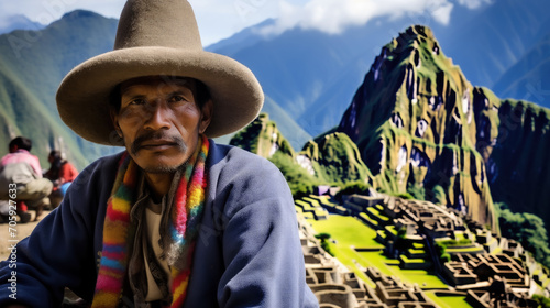 Peruvian in national clothes against the background of Machu Picchu in Peru, ancient architecture, South American Indian, dark elderly man in a hat and woolen poncho, tourism, travel © Julia Zarubina