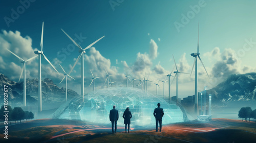 Engineers oversee wind turbines and virtual data through 3D representation Copy space image Place for adding text or design 