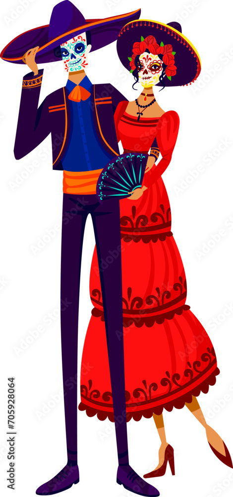 Couple dressed in traditional Mexican Day of the Dead costumes with painted skulls. Dia de los Muertos celebration and festivity vector illustration.