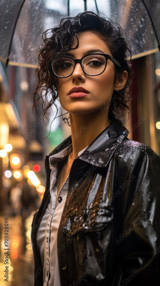 A woman with glasses holding an umbrella in the rain A woman with glasses holding an umbrella in the rain
