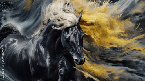 A painting of a black horse with a yellow mane