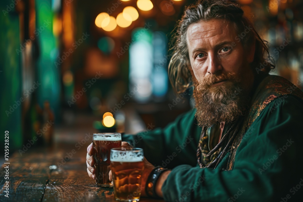 Portrait of a  leprechaun with a mug of beer in a beer pub. Saint Patrick's Day Concept with Copy Space.