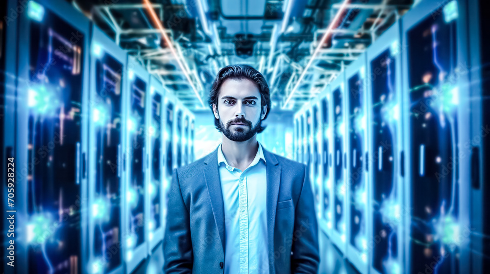 Fototapeta premium Businessman inspects server cabinets in a data center corridor