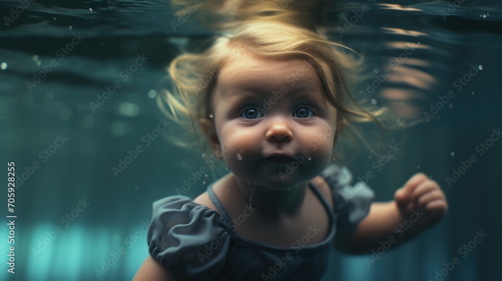 A little girl swimming in a pool of water