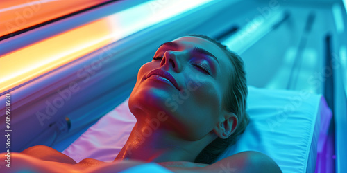 Frau entspannt während einer Lichttherapiesitzung photo