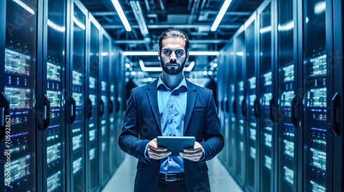 IT professional visually inspects working server cabinets in a data center