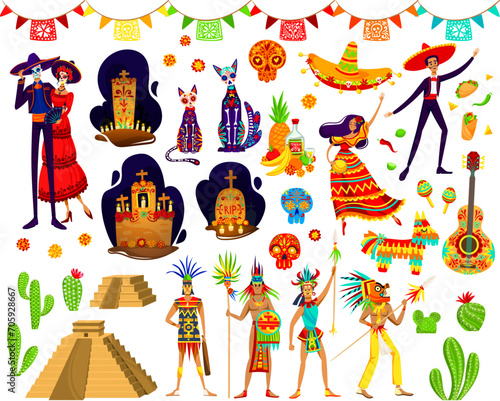 Colorful Mexican culture elements including folk dancers, Day of the Dead symbols, and ancient warriors. Traditional Day of the Dead celebration, Mexico heritage and fiesta vector illustration.