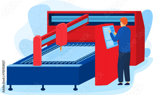 Man operating a large red and blue industrial cutting machine. Worker uses touchscreen panel for CNC equipment. Modern manufacturing and automation vector illustration.